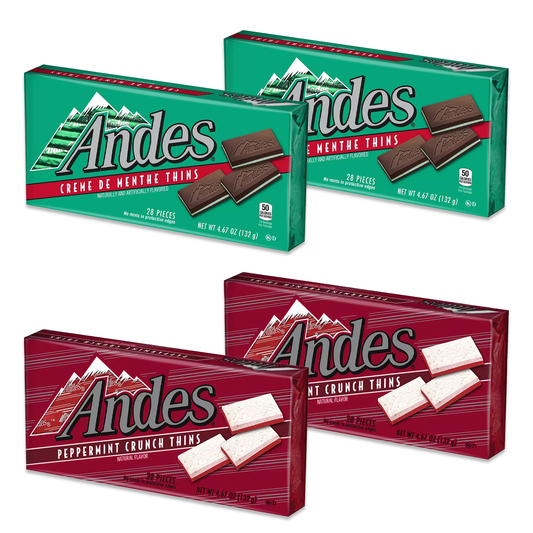 Andes Mints Peppermint Crunch Thins and Creme de Menthe Thins Variety 4 Pack, Mints Individually Wrapped, Chocolate Christmas Mint Candy, Mint Chocolate, Andes Chocolate Mints