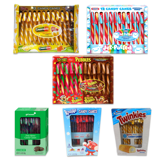 Candy Cane Variety 6 Pack of Weird Christmas Candy Cane Flavors- Girl Scout Thin Mints, Kool Aid, Twinkies, Creamsicle, Fruity Pebbles, and Jet Puffed. Crazy Flavored Candy Canes, Weird Candies