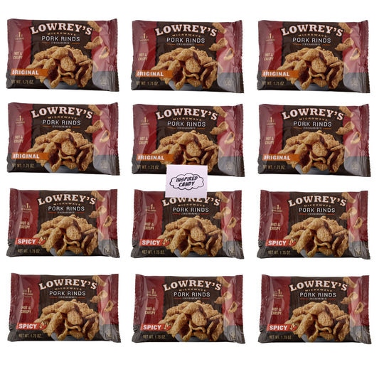 Lowrey's Microwave Pork Rinds Pork Skins Variety 12 Pack Includes 6 Each of 2 Flavors- Lowreys Pork Rinds Micrrowavable Original and Lowreys Microwave Pork Rinds Hot and Spicy. Chicharrones Pork Rinds