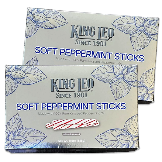 King Leo Mints Soft Peppermint Sticks Candy 2 Pack, Soft Christmas Peppermint Candy Sticks, Soft Peppermints Individually Wrapped, Soft Mints Peppermint Puffs (Pack of 2 x 11.5oz Gift Box)