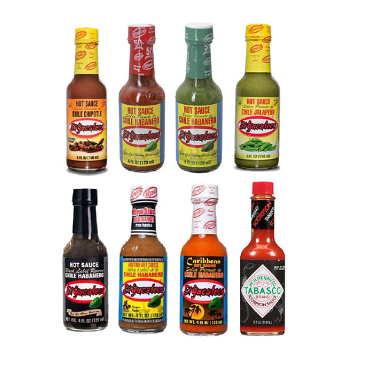 El Yucateco Hot Sauce Variety Pack of 8 Bottles- 7 Flavors of El Yucateco and 1 Bottle of Tabasco Scorpion Sauce by Inspired Candy.