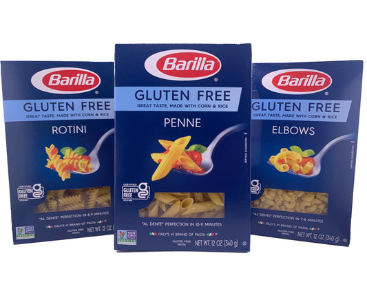 Barilla Gluten Free Pasta Variety Pack- Includes Penne Pasta, Rotini Pasta, and Elbow Macaroni Pasta Noodles. Barilla Pasta Bulk Set by Inspired Candy (3 x 12oz Boxes).