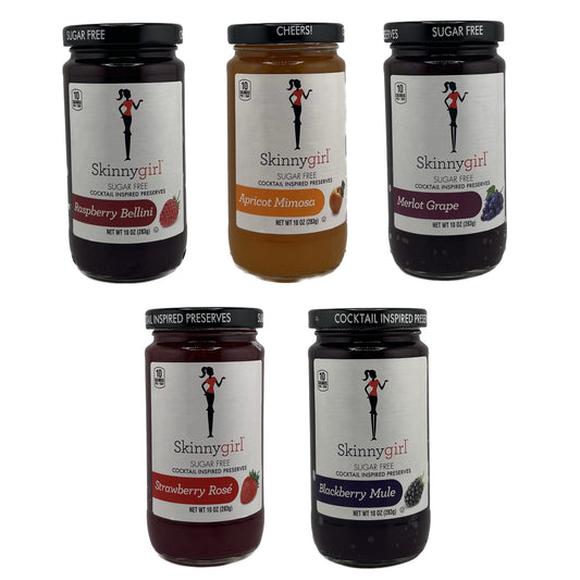 Skinny Girl Sugar Free Preserves and Jams Variety Pack of 5 Flavors- Blackberry Mule, Strawberry Rose, Apricot Mimosa, Merlot Grape, Raspberry Bellini Sugar Free Jelly By Inspired Candy.
