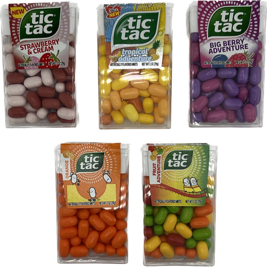 Tic Tacs Variety Pack of 5 Fruity Flavors- Includes Orange Tic Tac, Tic Tac Fruit Adventure, Berry Adventure Tic Tacs, Strawberry and Cream Tic Tacs, and Tic Tac Tropical Adventure by Inspired Candy.